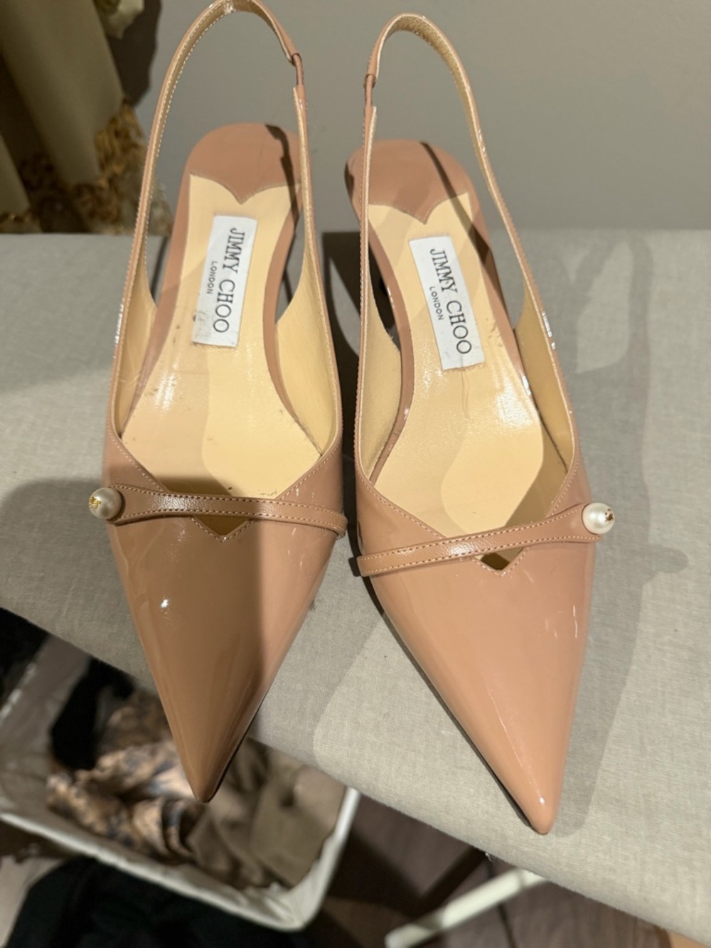 Jimmy Choo Nude Patent Slingback Pumps with Pearl Accent